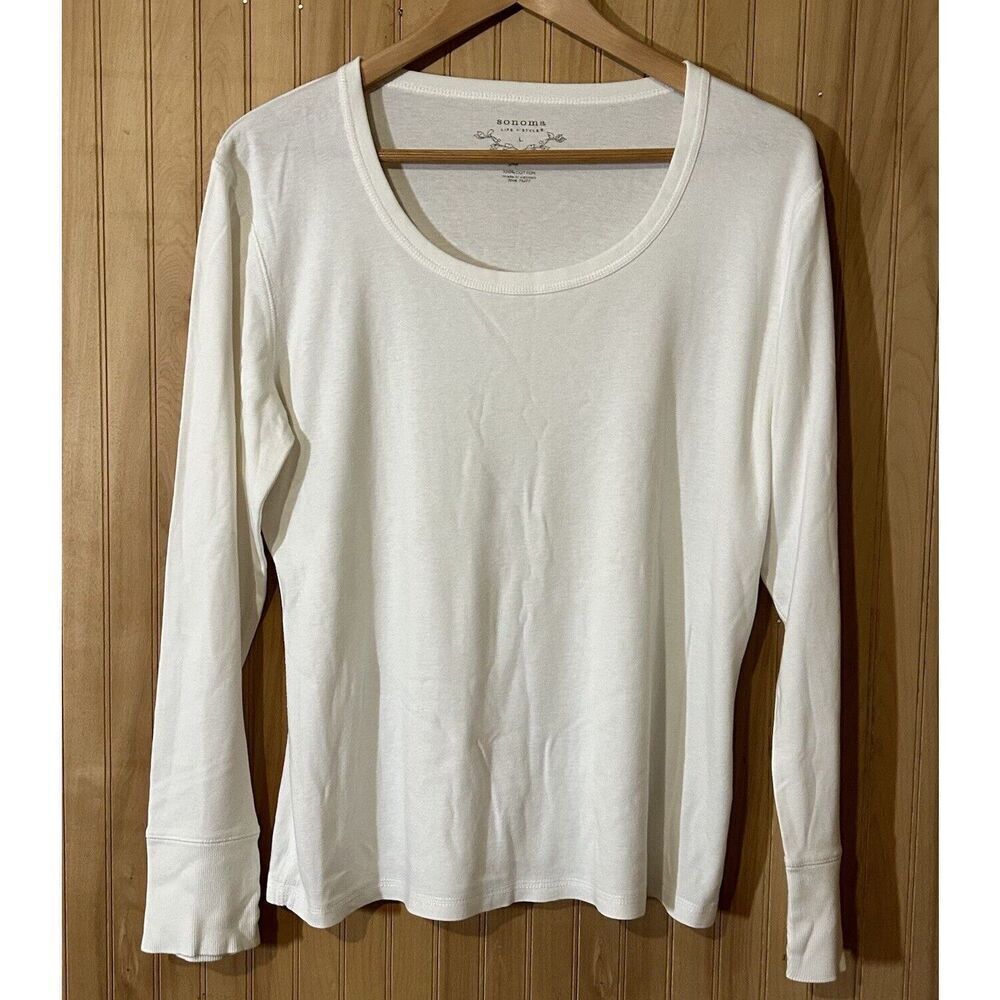 Sonoma Women's Large White Scoop Neck Pullover Tee Cotton Long Sleeve Top